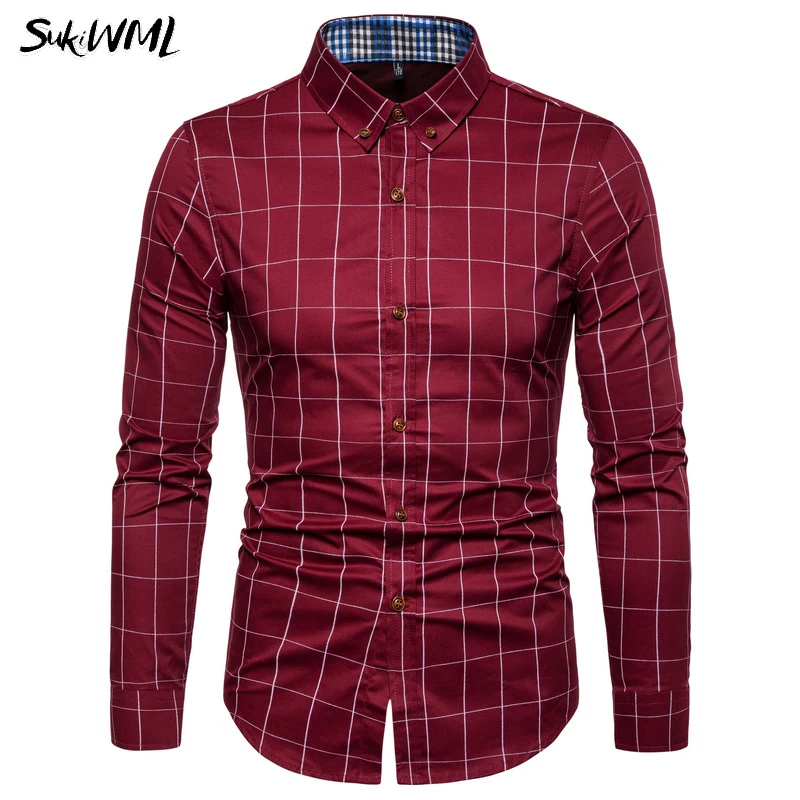 SUKIWML мужская клетчатая рубашка 2019 100% хлопчатобумажная сорочка Homme с длинными