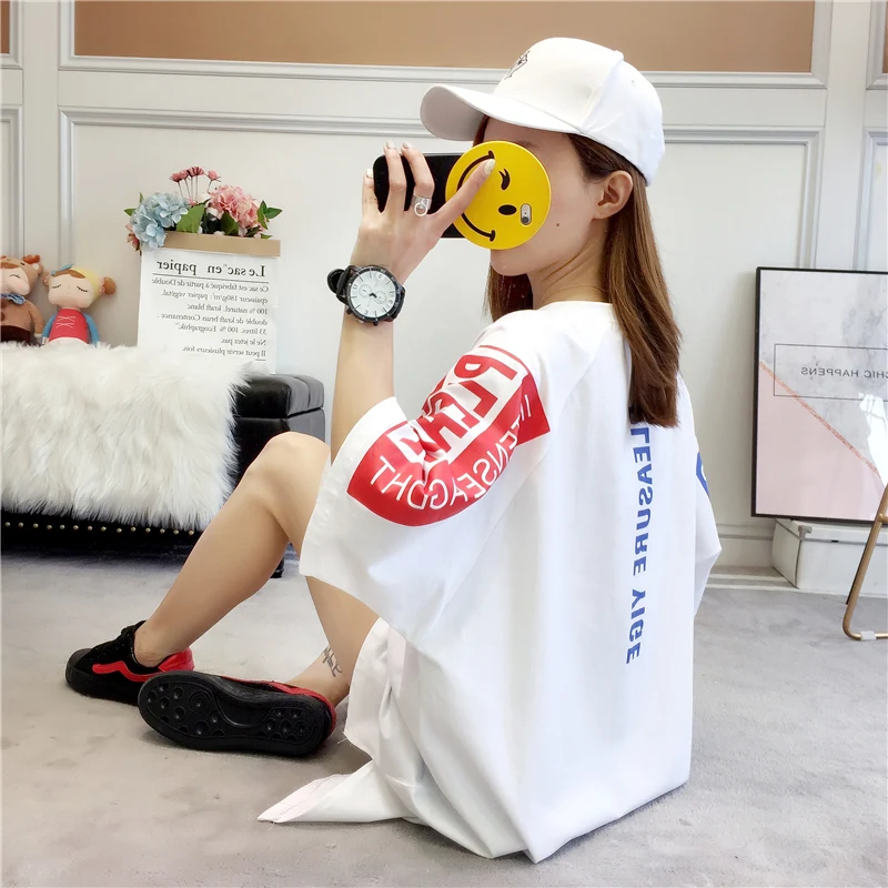 JIBAIYI Harajuku свободная с коротким рукавом длинная футболка женская мягкая хлопковая