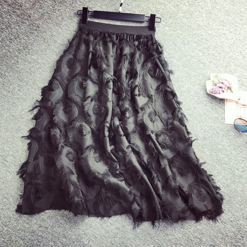 

2019 Korean Lace Tassel Feather Pattern Long Loose Chiffon Skrit Women Elegant High Waist Midi A Line Pastel Office Skirt