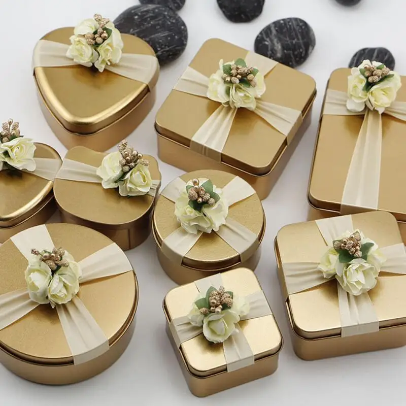 

6pcs/lot High-end Tinplate Metal Box with Ribbon Flower Creative Wedding Birthday Party Gift Candy Boxes