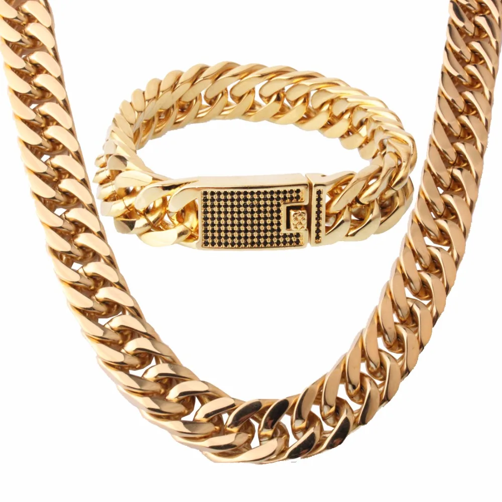 15mm Wide Gold Color Crystal Stainless Steel Buckle Miami Curb Cuban Link Chain Bracelet&ampNecklace Men's Jewelry Set | Украшения и