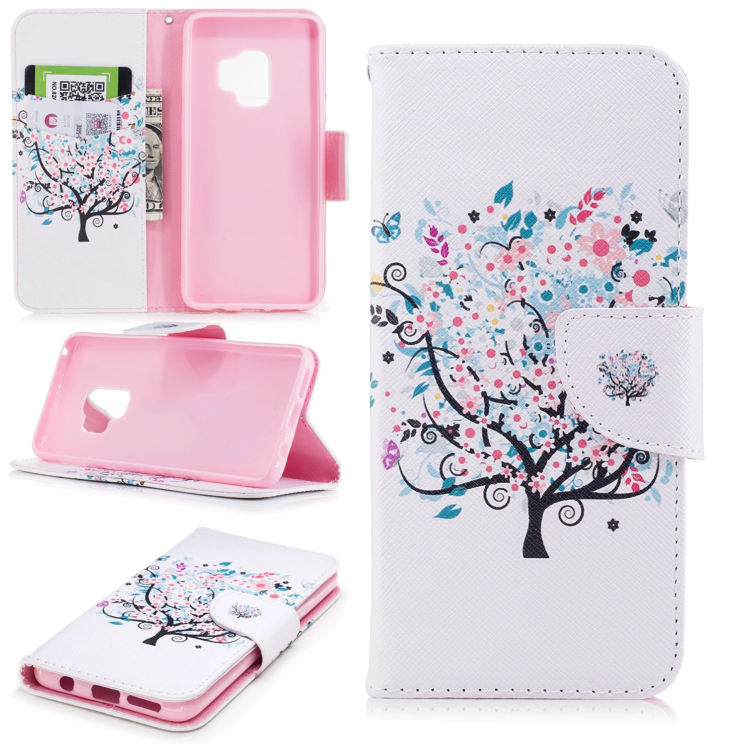 For Samsung Galaxy J2 Pro A8 Plus 2018 Cover Cartoon Tree Flower Butterfly PU Flip Caes S8 S9 Wallet Stand Cases | Мобильные