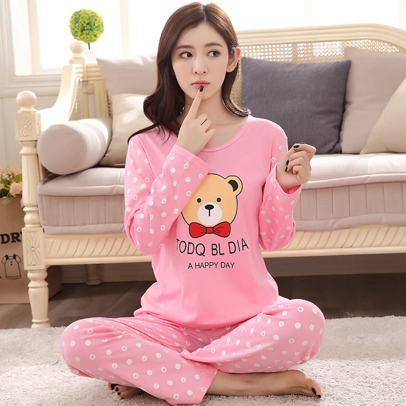 

pink xl Plus size women Pajamas sets thick autumn spring women's 100% cotton long-sleeve sleepwear M-4xl for 100 kg print girls