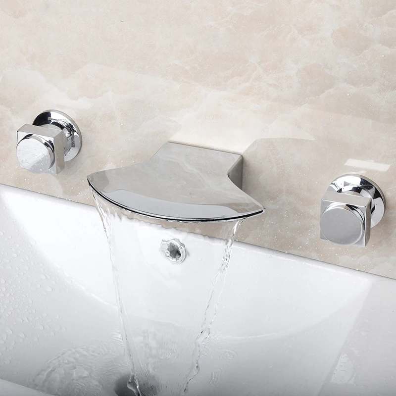 

Waterfall Ceramic Double Handles Bathroom Bathtub Basin Sink Mixer Tap Deck Mounted 3 pcs Chrome Faucet Set