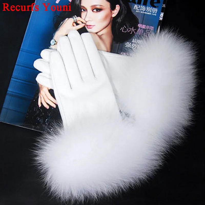 Luxury 2021 Winter Women Black/Pink/Grey Ultra-large Natural Fox Fur Genuine Leather Short Gloves Feminina Luvas Mujer Best Gift