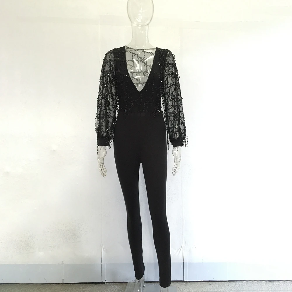 Hasniy v neck sexy sequined jumpsuits rompers women vintage mesh transparent playsuits female casual skinny mujer | Женская одежда
