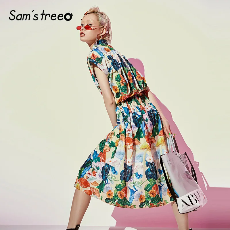 Samstree, женские платья с цветочным принтом, модные, с квадратным воротником, на шнуровке, женские платья до середины икры,, летние, повседневные, праздничные платья