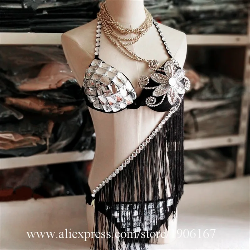 Новый дизайн костюм бикини серебристый зеркальный для бальных танцев DS DJ