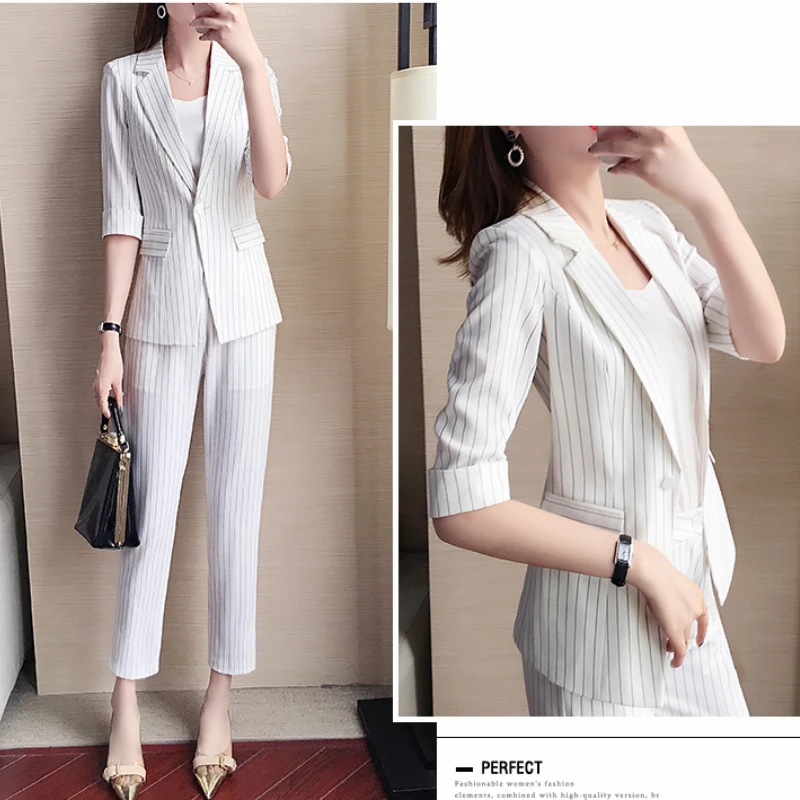 

3 Pcs Women Causal White Stripe Blazer Pants Set Tank Top Office Clothing