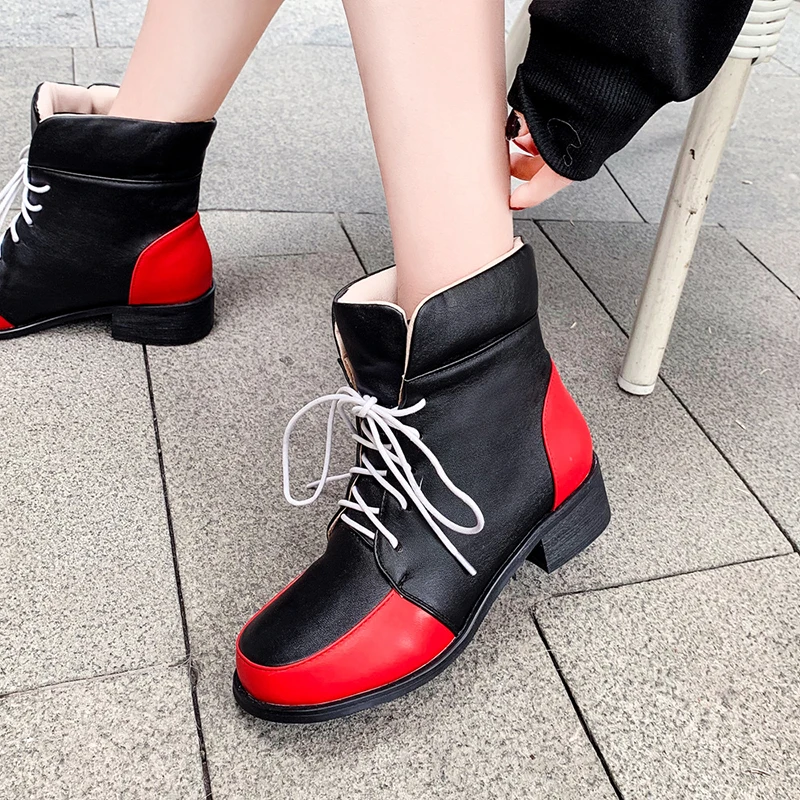 

WETKISS Thick Heels Ankle Boots Women Motorcycle Booties Square Toe Shoes Female Stitching Lace Up Shoes Winter Plus Size 46