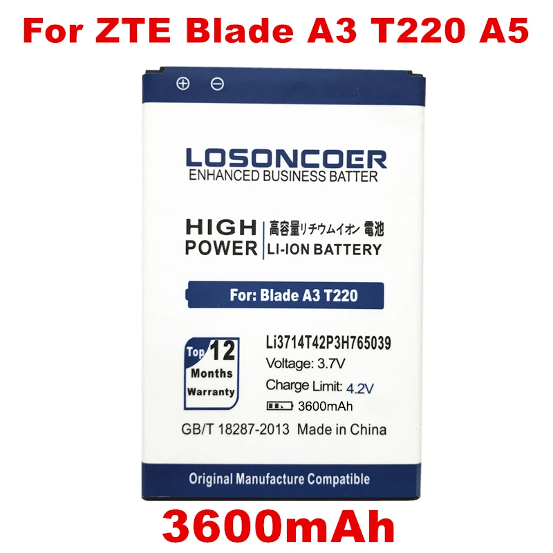Новое поступление, 3600 мА/ч, losoncoer Li3714T42P3h765039 Батарея для zte лезвие A3 Батарея Q3 T230 AF3 T220 T221 A5 AF5 A5 Pro