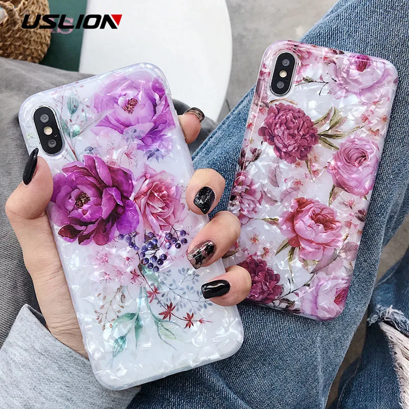 USLION Bling Dream Shell Silicone Phone Case For iPhone X XR XS Max Glitter Flower Cases for 6 6S 8 7 Plus Soft TPU Cover |