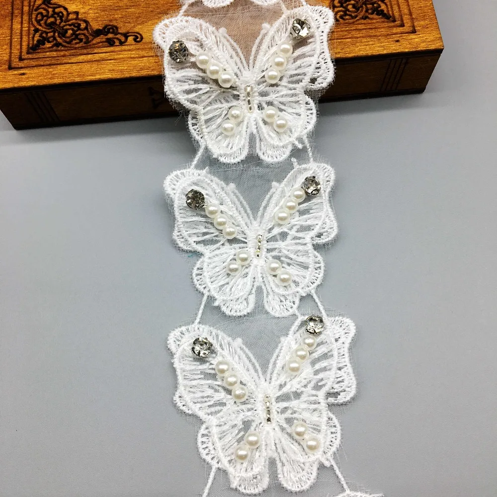 10 шт. белые 3D Стразы вышитые бабочки жемчужные бусины кружевная отделка