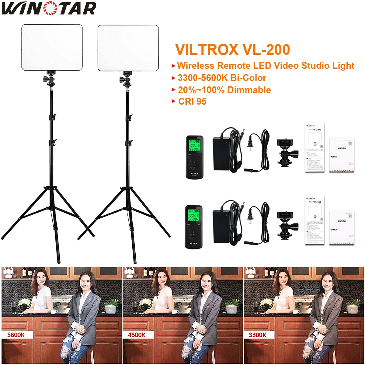 2x VILTROX VL 200 Сверхтонкий двухцветный светодиодный видеосъемка с регулируемой