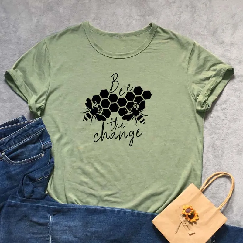 Bee The Change Short Sleeve T-Shirt Hipster Casual bees Change Slogan Grunge Tee honeycomb aesthetic trendy cotton outfits tops