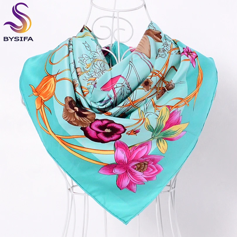 [BYSIFA] синий зеленый шелковый шарф Новый китайский стиль цветочный дизайн