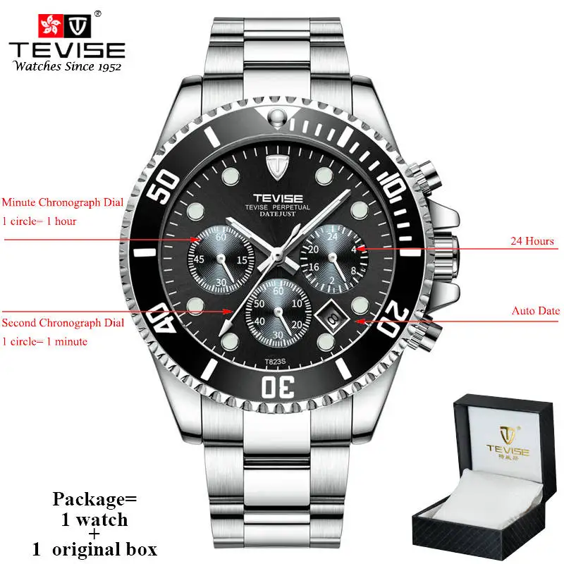 silver black n box TEVISE часы мужские роскошные Авто Дата хронограф мужские спортивные часы водонепроницаемые нержавеющая сталь кварцевые наручные часы Relogio Masculino - Цвет: silver black n box