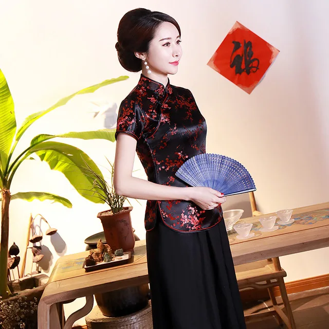 black red flower Дракон феникс Китайская национальная женская блузка Новая повседневная летняя рубашка с коротким рукавом топы традиционная одежда с воротником-стойкой - Цвет: black red flower