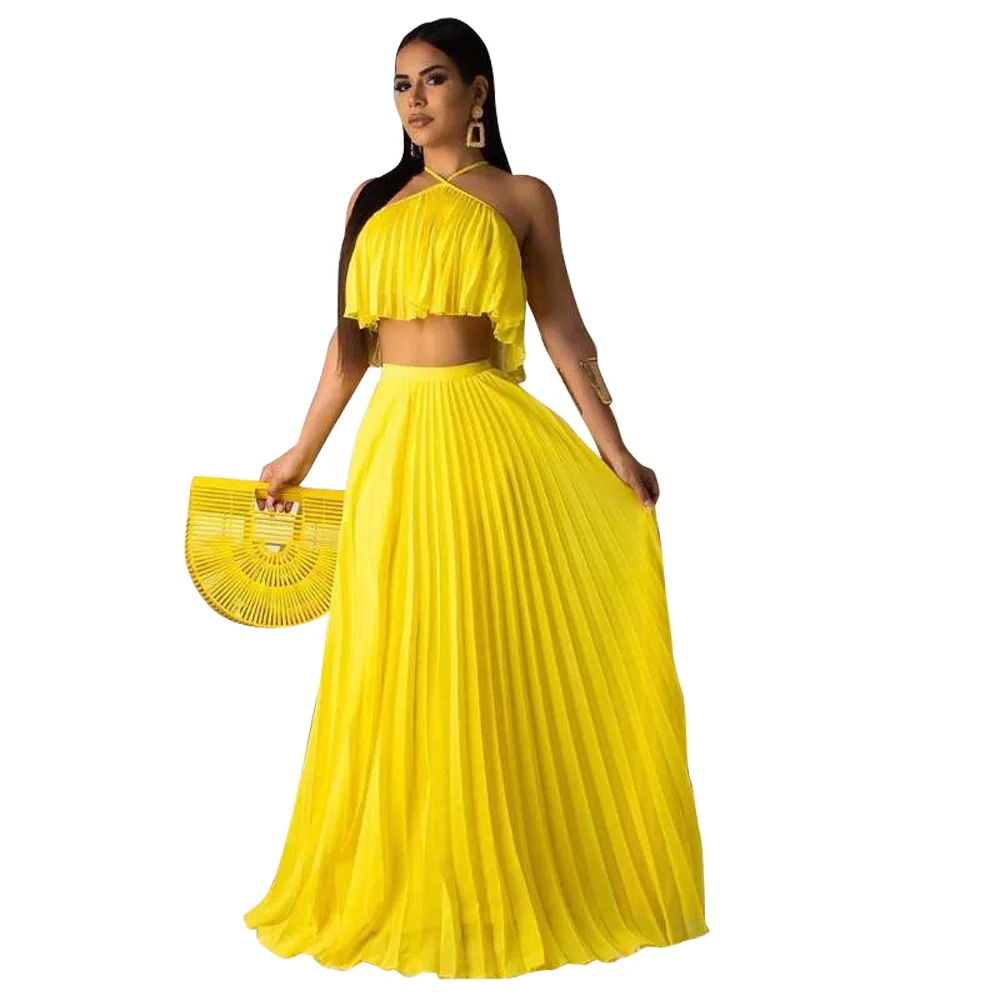 Yellow Неоновый желтый шифоновый комплект из 2 предметов, Женская праздничная одежда, укороченный топ с открытыми плечами+ плиссированная Длинная пляжная юбка для лета, наряд - Цвет: Yellow