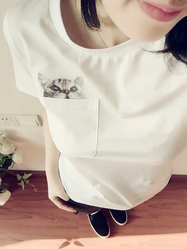 Женская футболка с принтом кошки F1711 Белые Повседневные крутые футболки в летнем