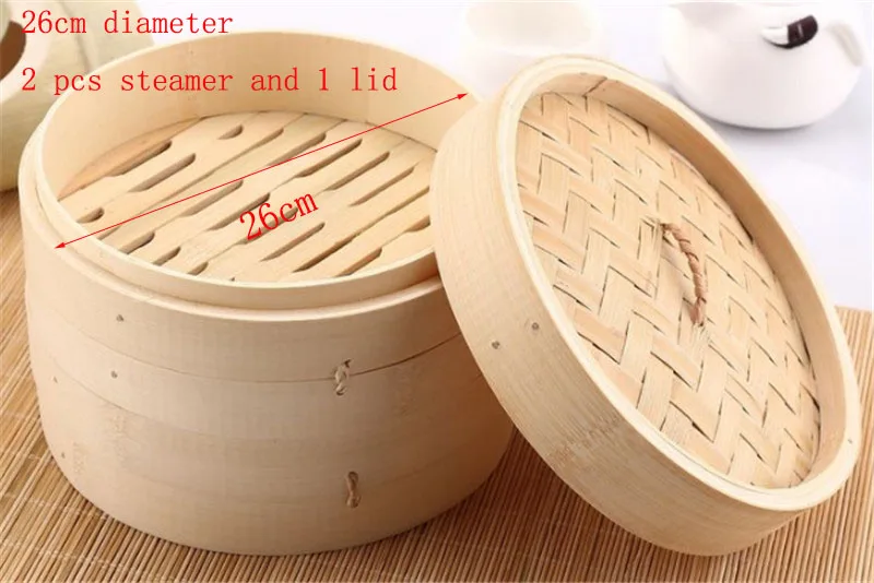 26cm 2 steamer 1 lid Одна клетка или крышка для приготовления бамбуковой пароварки для рыбы, риса, овощей, набор корзин для закусок, кухонные инструменты для приготовления пищи, пароварка для вареников, паровой горшок - Цвет: 26cm 2 steamer 1 lid