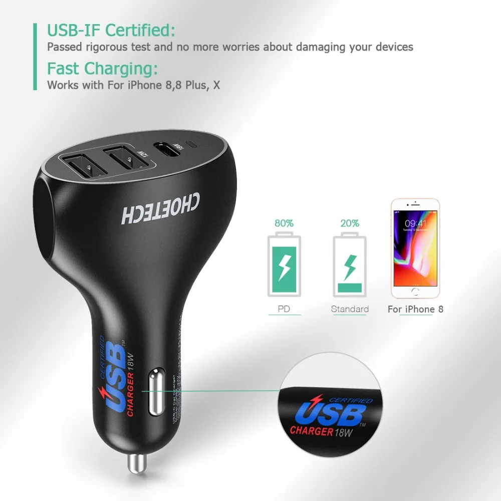 CHOETECH 30 Вт USB C автомобильное зарядное устройство с доставкой питания 3 порта Type