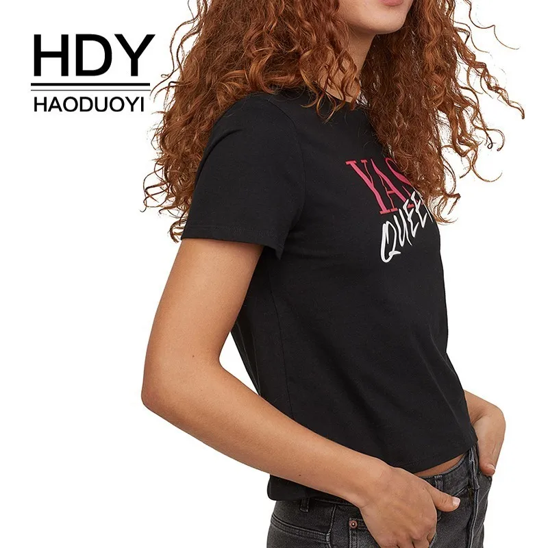 Футболка HDY Haoduoyi женская летняя однотонная черная с буквенным принтом | Женская
