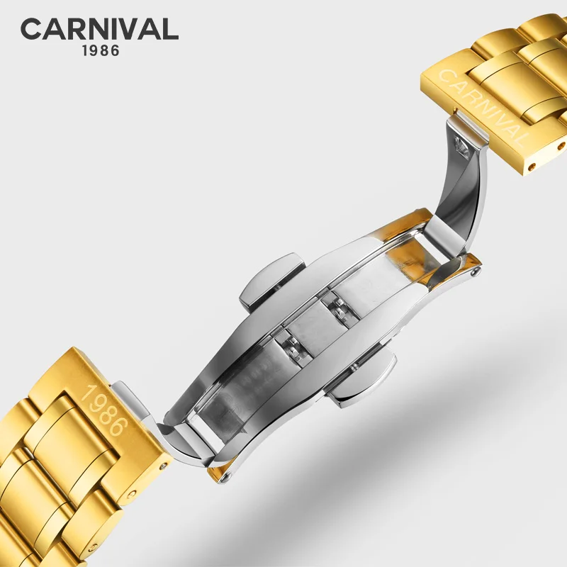 

CARNIVAL Golden Steel Men Automatic Mechanical Watch Luxury Top Brand Watch Synthetic Sapphire Red Gem Men Watch Waterproof