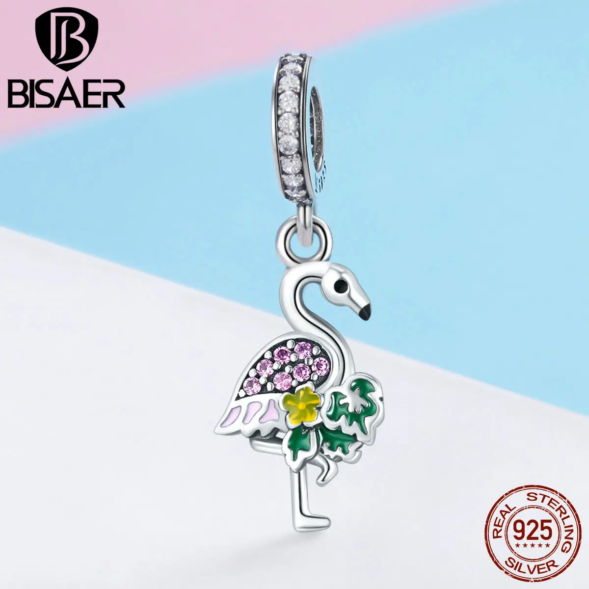

BISAER Authentic 925 Sterling Silver Tropical Forest Bird Flamingo's Wish Charms Beads fit Bracelet DIY Jewelry Making ECC849