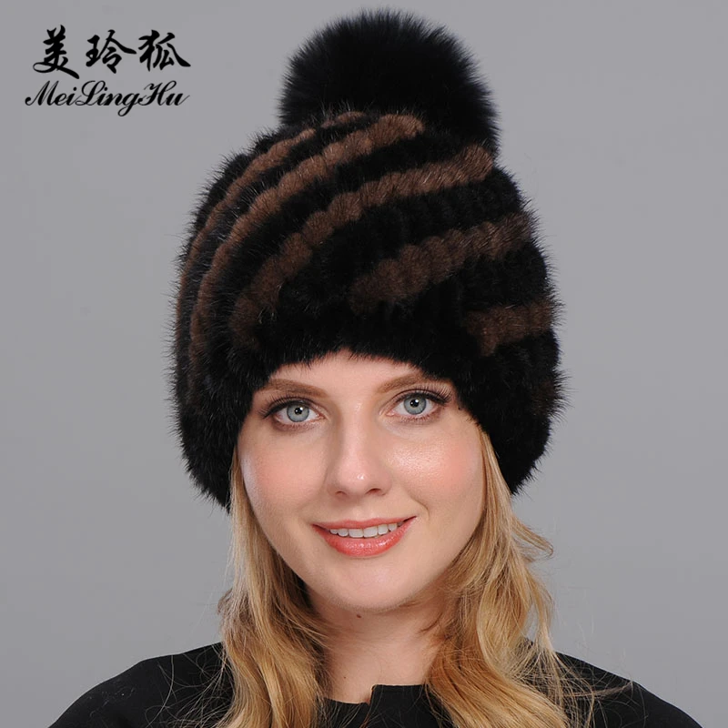 Real Mink and Fox Fur Hat Cap Top Pompoms Caps For Women New Thicken Female Winter Knitted Hats Beanies | Аксессуары для одежды