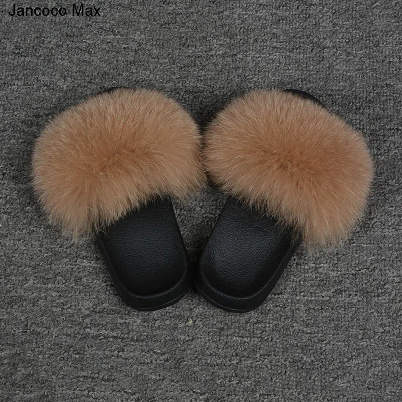 Camel Jancoco Max дети натуральный Лисий Мех для девочки Тапочки Весна Лето натуральный мех шлепанцы для детей Крытый Открытый S60 GLOve24 - Цвет: Camel