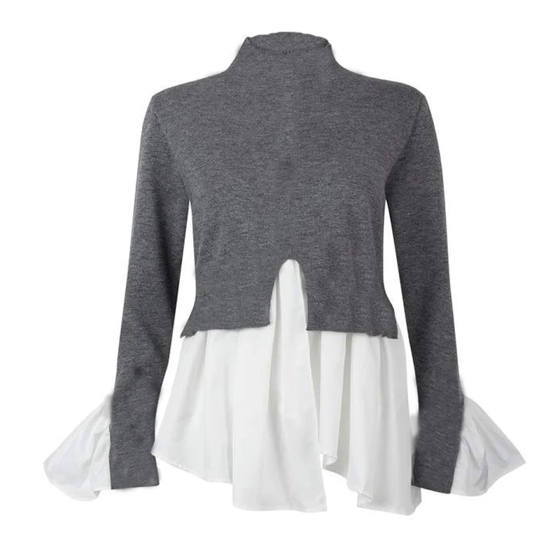 

New Women Irregular Ruffles Tshirt Autumn Casual Slit Sexy T Shirt Stand Collar Long Sleeve Cute Tops Patchwork Elegant Pullover