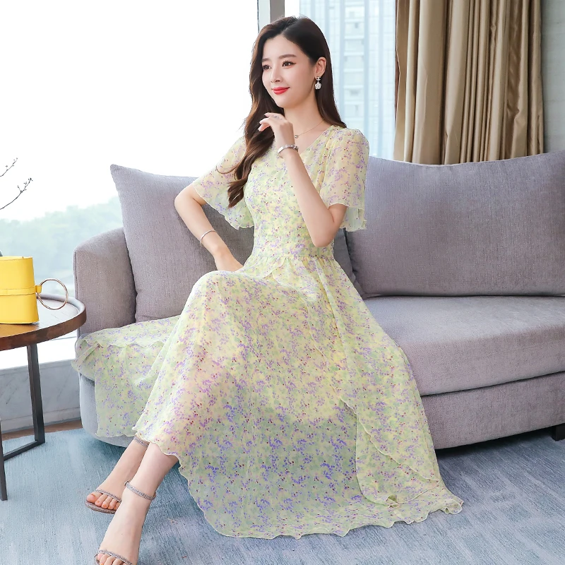 Женский с цветочным принтом длинное шифоновое платье Для женщин расклешенными