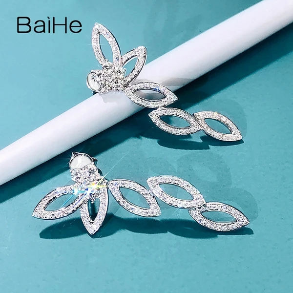 BAIHE Solid 14 K белое золото 0.90ct H/SI круглый натуральные бриллианты свадебные женские модные ювелирные изделия подарок серьги-гвоздики