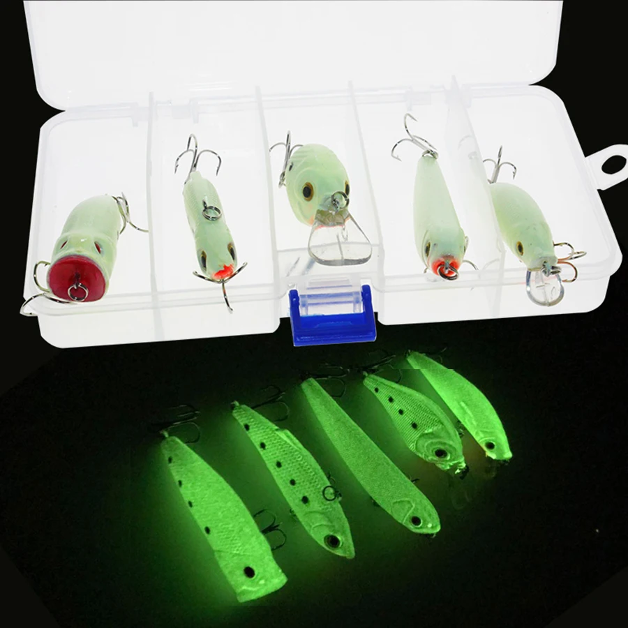 hot sale 5pcs/lot luminous glowing night fishing hard lure set popper crank VIB pencil minnow bait bass pesca | Спорт и развлечения