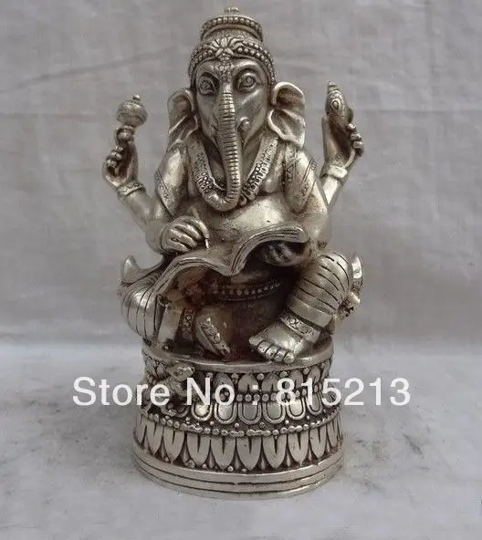 

Китайская серебряная статуя Ganapati Ganesh Lord bi00430 с 4 руками, латунная статуя Ganesha Buddha Mouse