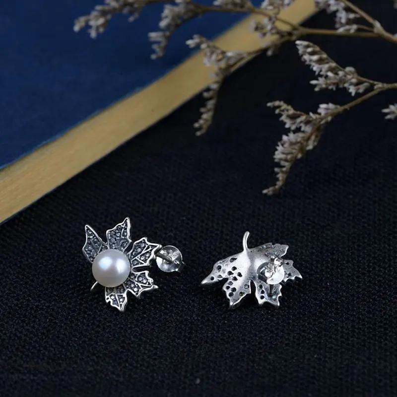 FNJ Freshwater Pearl Earrings Leaf 925 Silver boucle d'oreille for Women Jewelry S925 Sterling Stud Earring Romantic | Украшения и