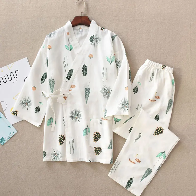 Plants Prints White Пижамы для женщин, кимоно, хлопковые пижамы для женщин, японская ночная рубашка, домашняя одежда с v-образным вырезом, длинные штаны, пижама для женщин - Цвет: Plants Prints White