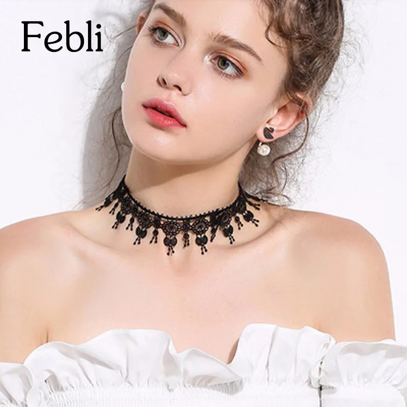 Febli Кружево черный воротник тонкий и элегантный подходит для ежедневного Званый