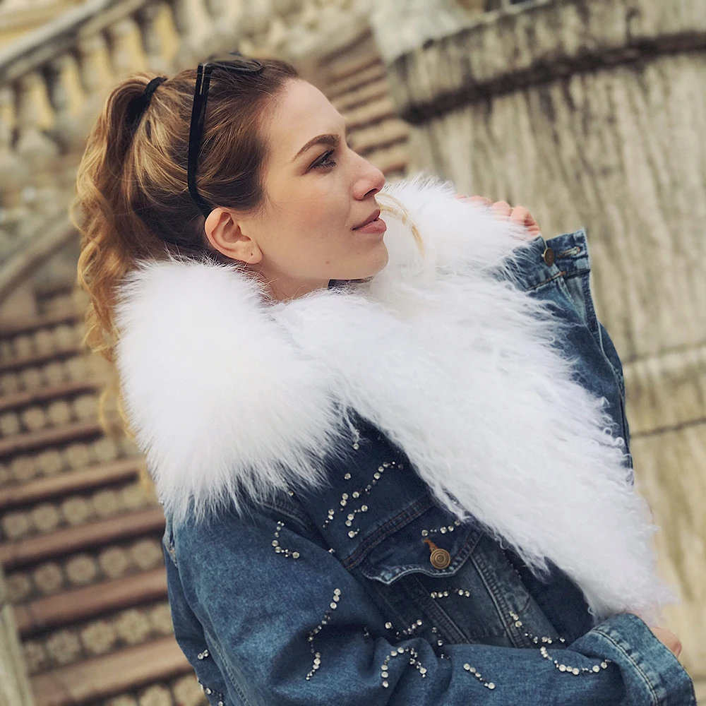 EIFURKOP джинсовые джинсы съемная подкладка из кроличьего меха Рекс парка для женщин енота меховой воротник пальто дамы из натуральной шерсти меховой воротник джинсовая куртка