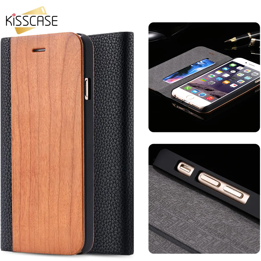 2018 HOT NEW Kisscase Дерево чехол для iPhone 6 6S Plus 7 8 Флип кожаный бумажник владельца