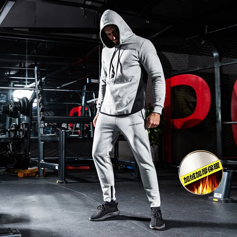 Gray Set Спортивный костюм, спортивный костюм для мужчин, Осень-зима, плюшевый, для тренажерного зала, для фитнеса, толстовка+ штаны, набор, для бега, для мышц, мужская спортивная одежда - Цвет: Gray Set