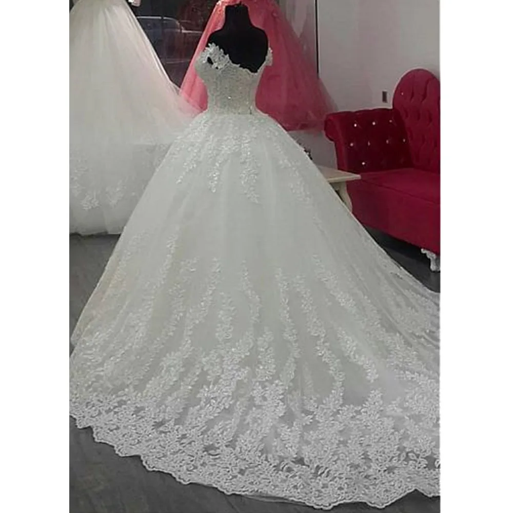 

Wonderful Lace Princess Wedding Dresses Boat Neck Off The Shoulder White Tulle Long Bridal Dress Custom Made Robe De Mariee