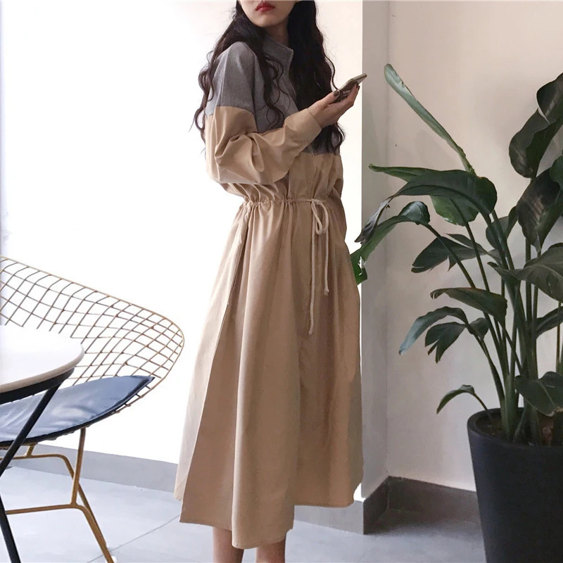 TWOTWINSTYLE Лоскутная Толстовка Платья женские с длинным рукавом хит цвета шнурок миди платье женское осень корейская мода