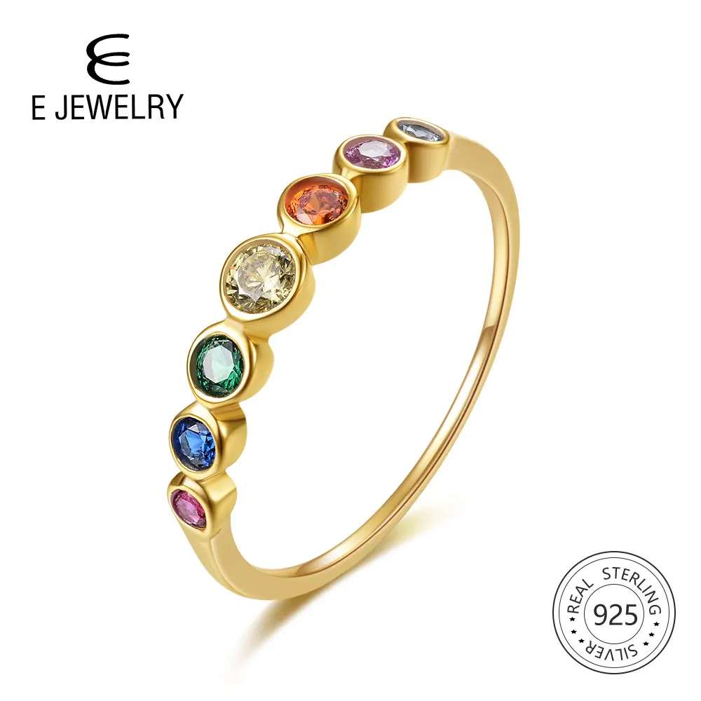 E 925 пробы Серебряное Радужное кольцо с камнями для женщин 14K Позолоченное серебряное ювелирное изделие Кольца цвет Кубический Цирконий обручальные кольца