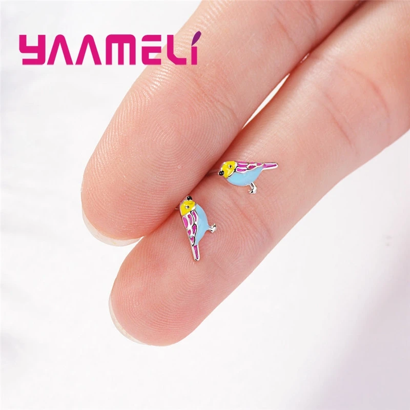 

New Creative Design Colorful Bird Stud Earrings For Girls 100% Pure 925 Sterling Silver Women Lady Fashion Stud Earring Top Sale