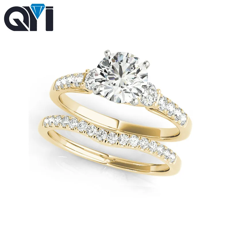 14K Yellow Gold Engagement Ring Sets Round 1 Carat Moissanite Diamond Engagement Women Wedding Customized Ring