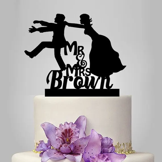 

glitter funny Mr and Mrs wedding cake topper, groom and bride silhouette personalize Name