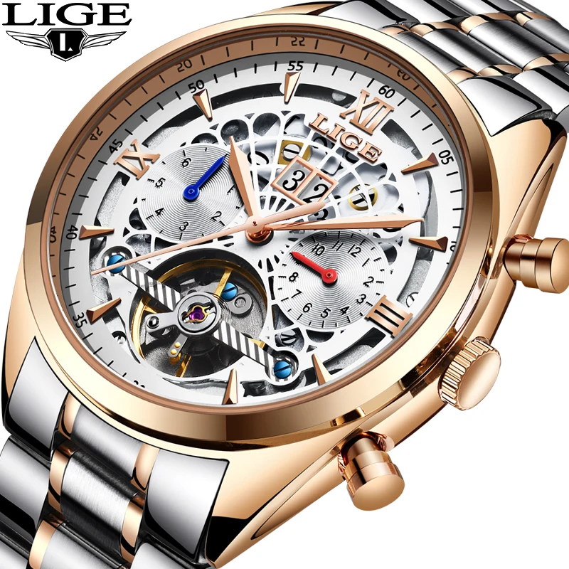 Часы наручные LIGE Мужские механические брендовые Роскошные автоматические