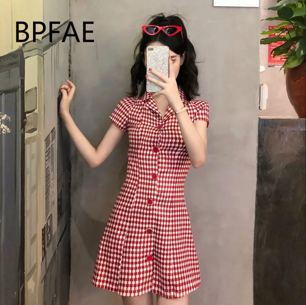 New Women Harajuku Vintage Turn-Down Collar Short Sleeve Single-Breasted Red/Black Plaided Dress Sexy Party Slim Dresses Vestido | Женская
